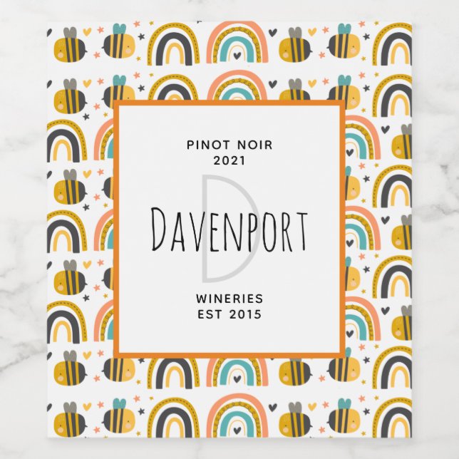 Étiquette Pour Bouteilles De Vin Cute Bumble Bee et Rainbows Motif Winery (Étiquettes simples)