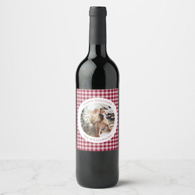Étiquette Pour Bouteilles De Vin Cute canneberge Rouge Plaid Photo personnalisée No (Devant)
