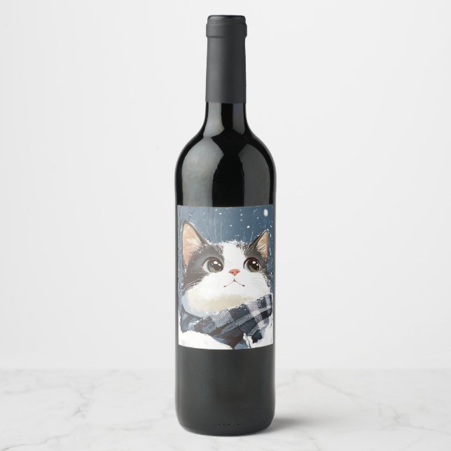 Étiquette Pour Bouteilles De Vin Cute cat cozy winter snow (Devant)