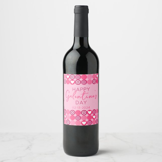 Étiquette Pour Bouteilles De Vin Cute Galentine's Day Coeur rose et Motif de fleurs (Devant)