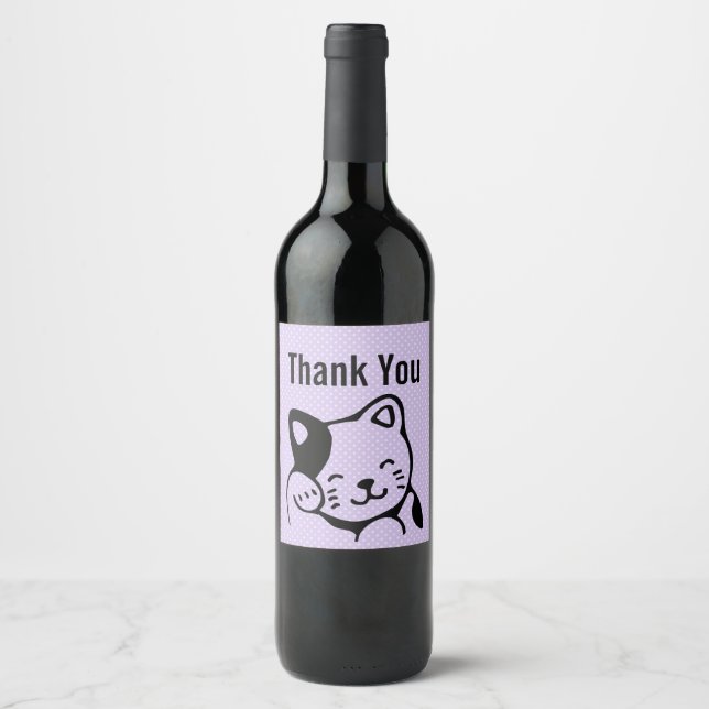 Étiquette Pour Bouteilles De Vin Cute noir et blanc Kitty Chat Waving Bonjour (Devant)
