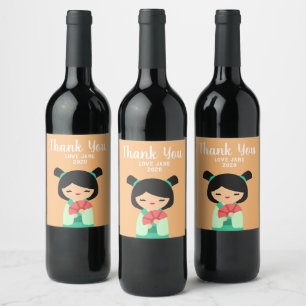 Étiquette Pour Bouteilles De Vin Cute rose aqua pêche Kokeshi Poupées japonaises