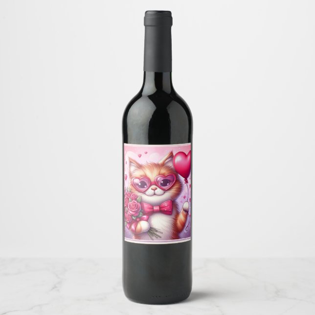 Étiquette Pour Bouteilles De Vin Cute Valentine's day cat/chaton (Devant)