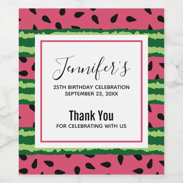 Étiquette Pour Bouteilles De Vin Cute Watermelon Motif rose et vert Anniversaire (Étiquettes simples)