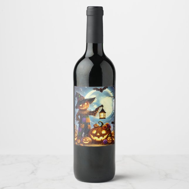 Étiquette Pour Bouteilles De Vin Cute, Whimsical Halloween épouvantail & citrouille (Devant)