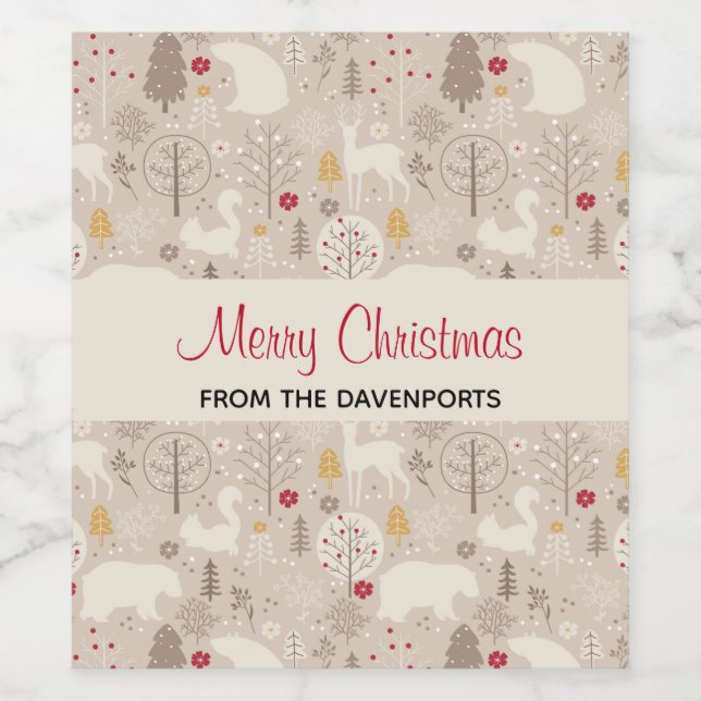 Étiquette Pour Bouteilles De Vin Cute Woodland Animaux Nordic Motif Noël (Étiquettes simples)