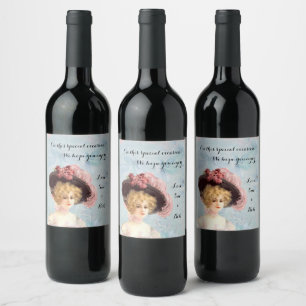 Étiquette Pour Bouteilles De Vin Dame victorienne en Casquette plumé avec roses ros