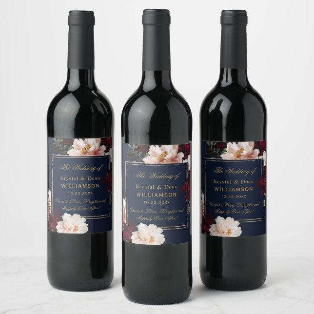 Étiquette Pour Bouteilles De Vin Dark Moody Burgundy Blush Navy Blue Floral Mariage (Bouteilles)