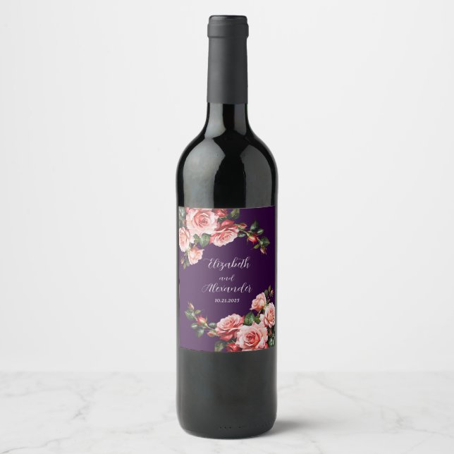 Étiquette Pour Bouteilles De Vin Dark moody pink and red roses purple wedding  (Devant)