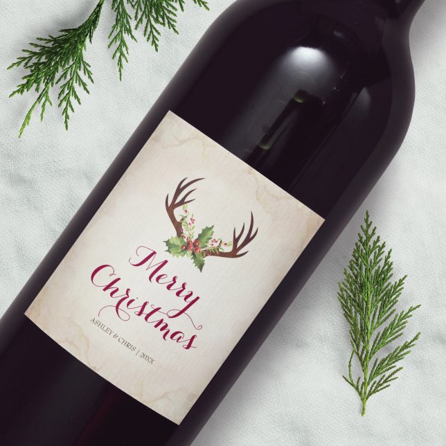 Étiquette Pour Bouteilles De Vin Deer Antler Vin de Noël Étiquette Rustique Boho (Créateur téléchargé)