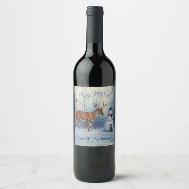 Étiquette Pour Bouteilles De Vin Deer et Happy Snowman hiver de vacances scène (Devant)