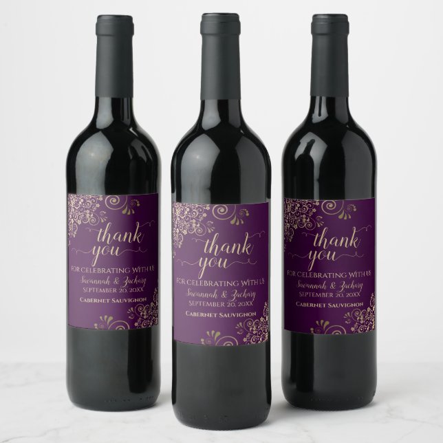 Étiquette Pour Bouteilles De Vin Dentelle d'or sur Plum Purple Merci Mariage (Bouteilles)