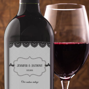 Étiquette Pour Bouteilles De Vin Dentelle noire sur mariage blanc personnalisé