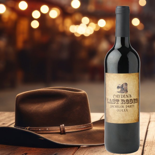 Étiquette Pour Bouteilles De Vin Dernier Rodéo Cow-boy Grunge Brun Enterrement de V (Créateur téléchargé)