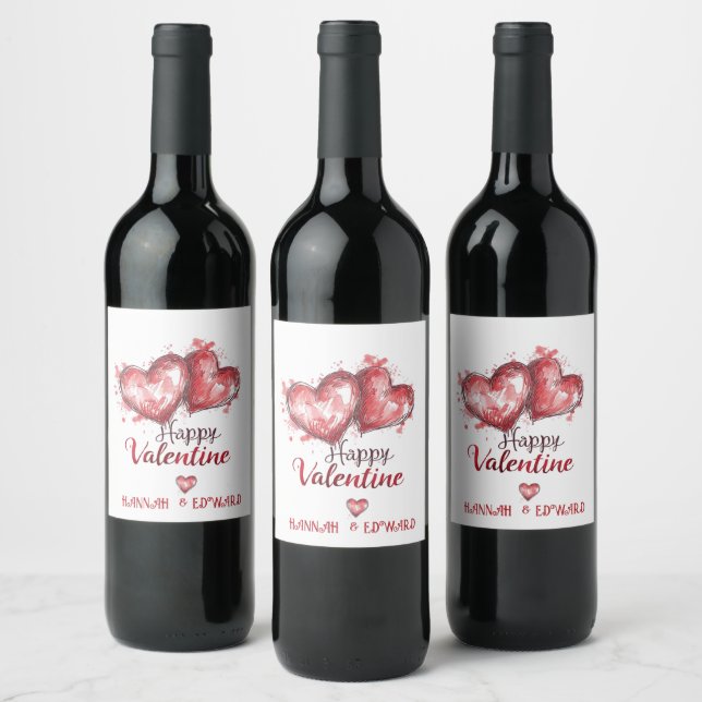 Étiquette Pour Bouteilles De Vin Dessiner à la main deux coeurs Valentine's (Bouteilles)