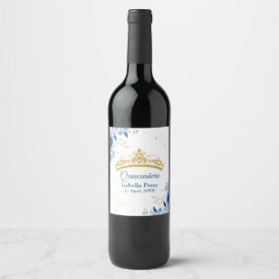 Étiquette Pour Bouteilles De Vin Diadème doré Quinceanera pailleté et floral bleu