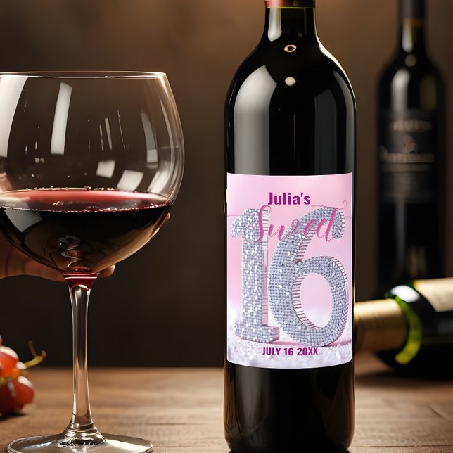 Étiquette Pour Bouteilles De Vin Diamant rose étincelant Nombre étouffé Douce 16 (Créateur téléchargé)