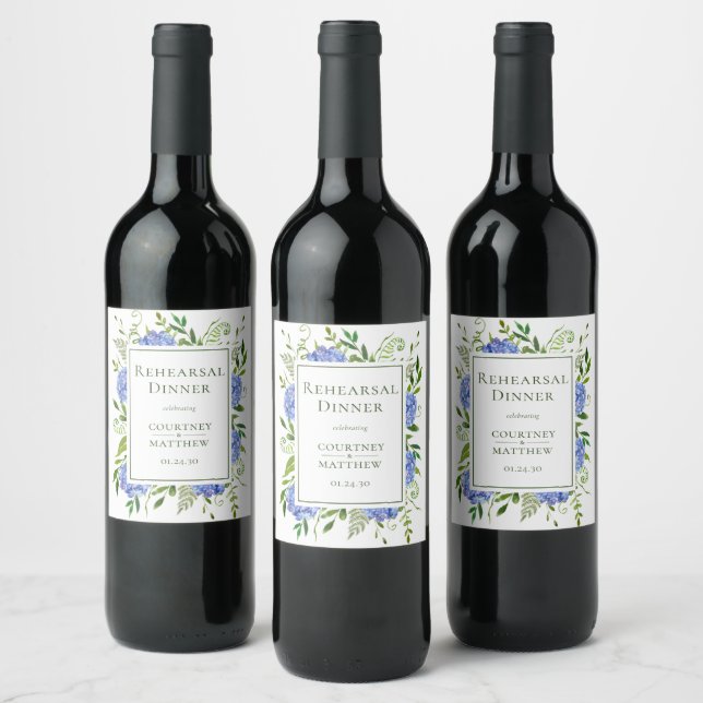 Étiquette Pour Bouteilles De Vin Dîner de répétition au bleu Hydrangea (Bouteilles)
