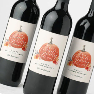 Étiquette Pour Bouteilles De Vin Dîner Friendsgiving aquarelle Citrouille Orange