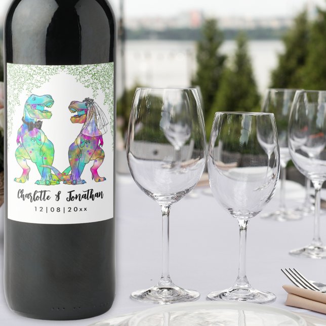 Étiquette Pour Bouteilles De Vin Dinosaur Thème Mariage (Colorful T-Rex Bride and Groom Dinosaur Wedding Custom wine labels)