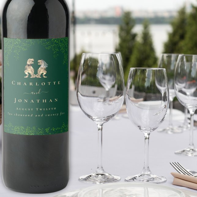 Étiquette Pour Bouteilles De Vin Dinosaur Thème Mariage Vert foncé (T-Rex bride and groom dinosaur wedding dark green custom wine labels Watercolor eucalyptus foliage )