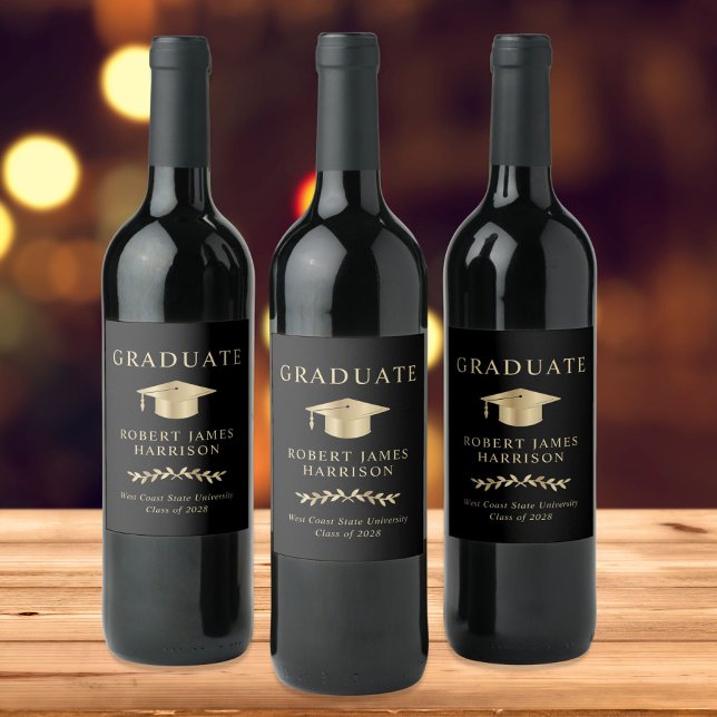 Étiquette Pour Bouteilles De Vin Diplôme Élégant Casquette Noire Fête de Remise des (Créateur téléchargé)