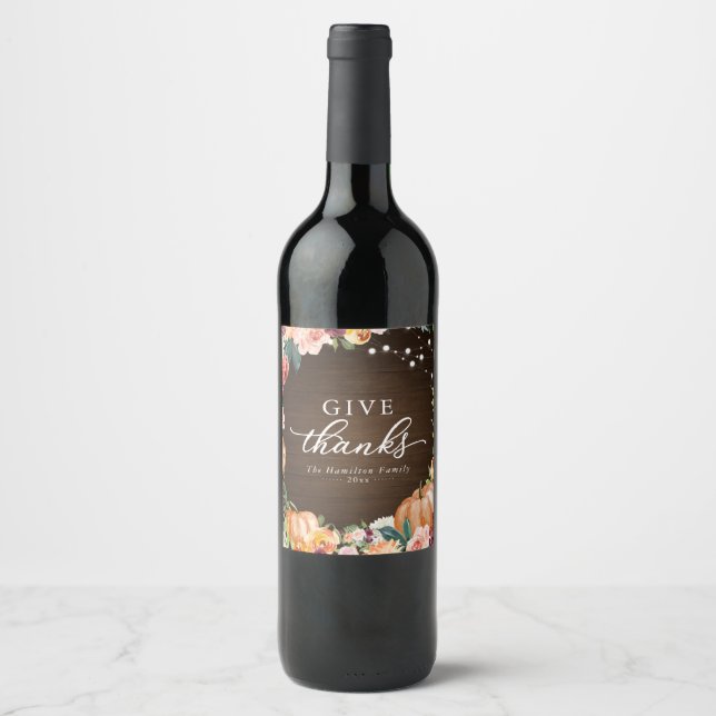 Étiquette Pour Bouteilles De Vin Donnez Merci Russe Automne Floral Thanksgiving Dîn (Devant)