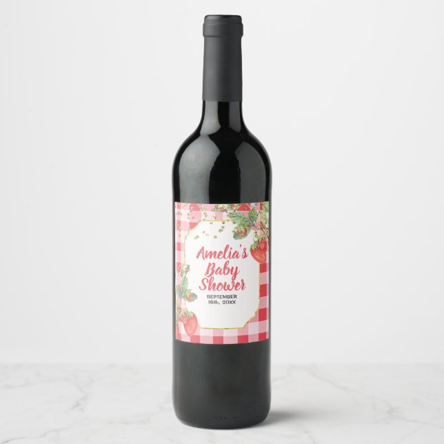 Étiquette Pour Bouteilles De Vin Douce Baie Aquarelle Fête de Bébé Fraise (Devant)