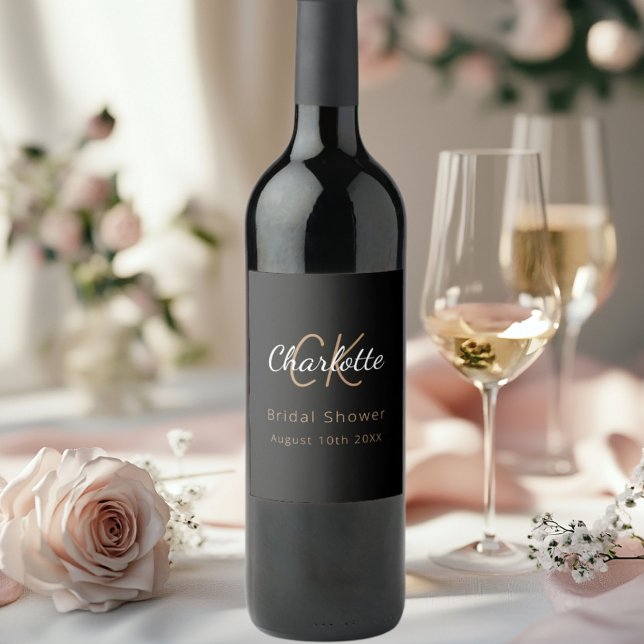 Étiquette Pour Bouteilles De Vin Douche de mariée monogramme noir or (Créateur téléchargé)