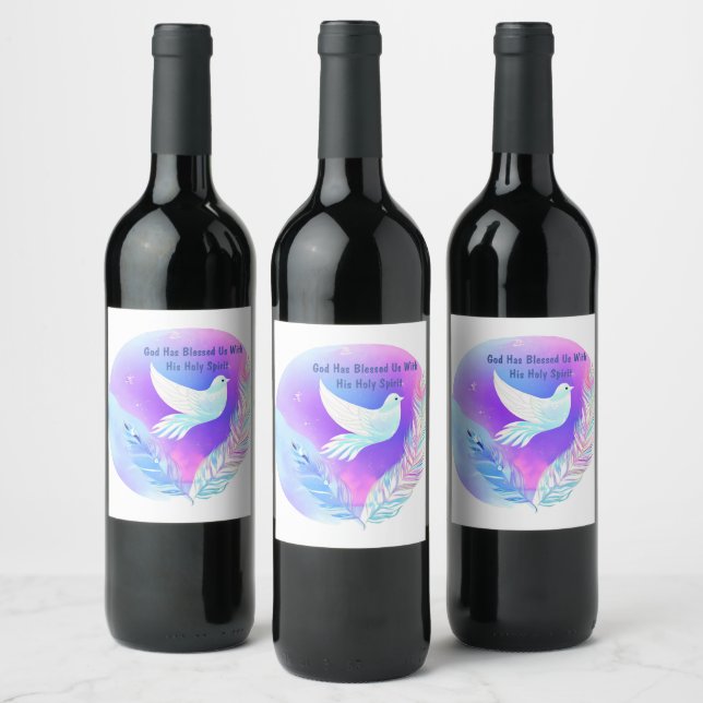 Étiquette Pour Bouteilles De Vin Dove blanche avec plumes roses et bleues (Bouteilles)
