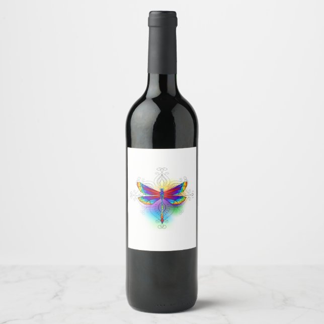 Étiquette Pour Bouteilles De Vin Dragonfly en arc-en-ciel (Devant)