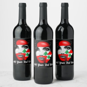 Étiquette Pour Bouteilles De Vin Drapeau et carte du Liban sur le visage de la fill