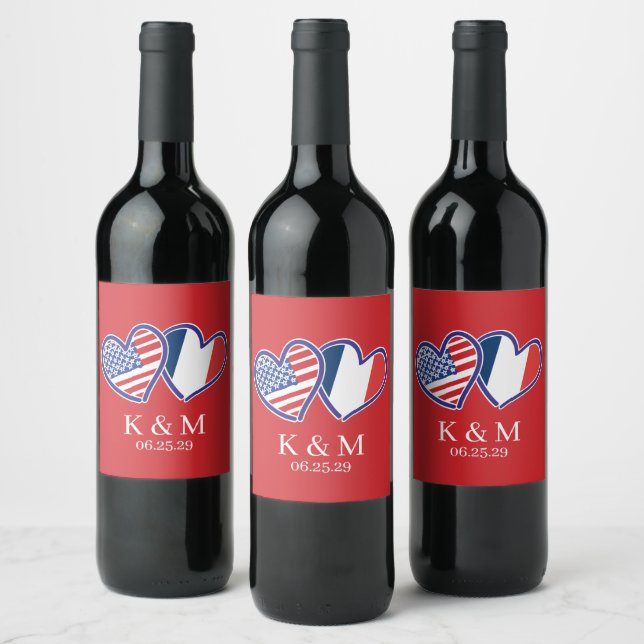 Étiquette Pour Bouteilles De Vin Drapeaux Cœur Franco-Américains (Bouteilles)