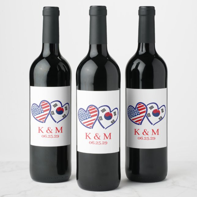 Étiquette Pour Bouteilles De Vin Drapeaux de cœur coréo-américains (Bouteilles)