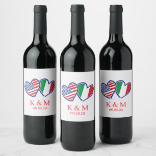 Étiquette Pour Bouteilles De Vin Drapeaux de coeur italo-américains