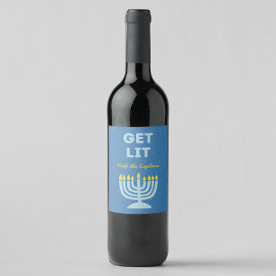 Étiquette Pour Bouteilles De Vin Drôle "Get Lit" Chic Personnalisé Menorah Hanoukka
