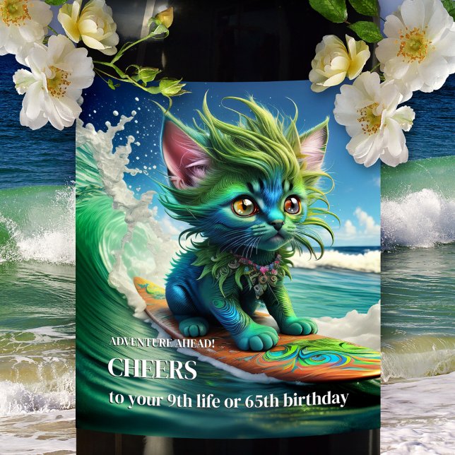 Étiquette Pour Bouteilles De Vin Drôle Psychedélique Surf Chat (A wine label featuring a colorful psychedelic cat painting.)