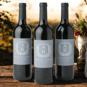 Étiquette Pour Bouteilles De Vin Dusty Blue Crest Moderne Monogramme Mariage