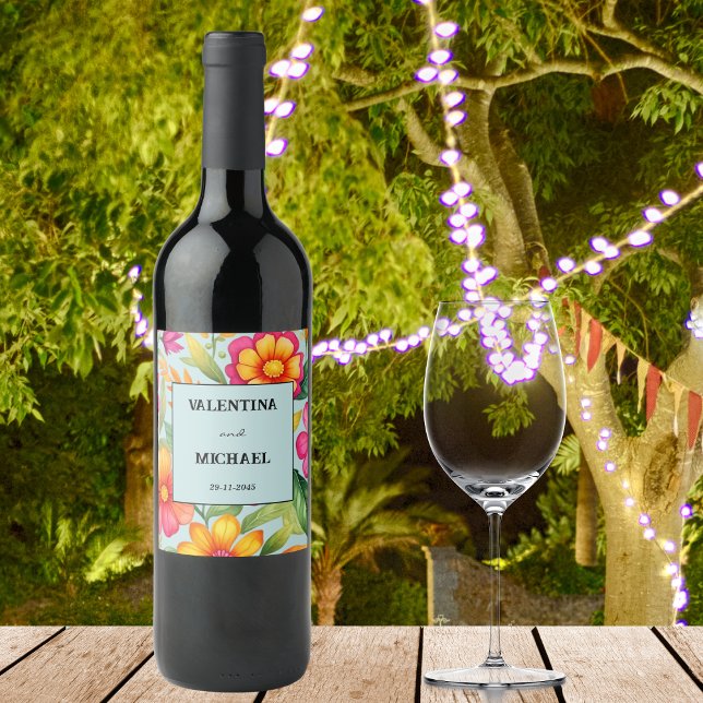 Étiquette Pour Bouteilles De Vin Dusty Blue Floral Fiesta Mariage mexicain (Créateur téléchargé)