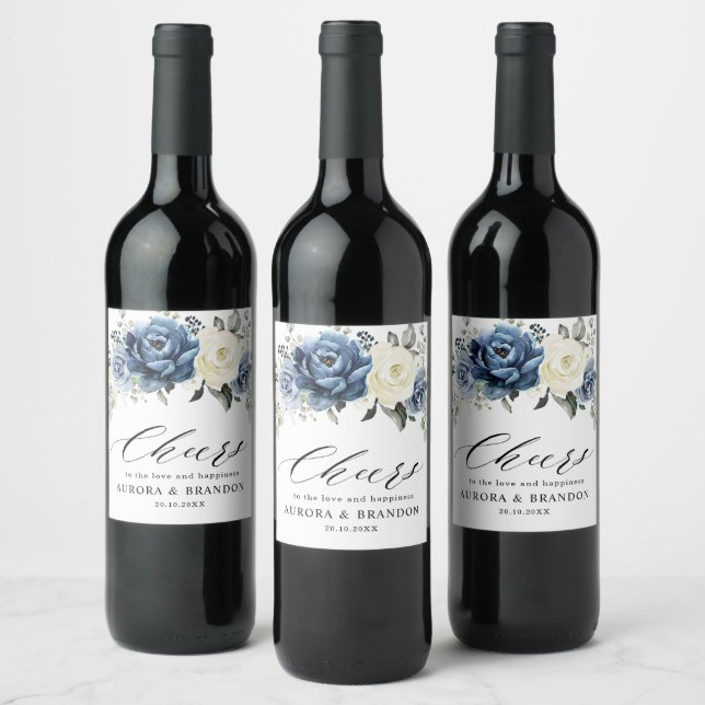 Étiquette Pour Bouteilles De Vin Dusty Blue Navy Étincelant Vin ivoire Floral Weddi (Bouteilles)