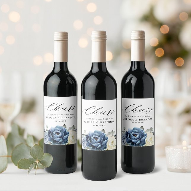 Étiquette Pour Bouteilles De Vin Dusty Blue Navy Étincelant Vin ivoire Floral Weddi (Dusty Blue Navy Sparkling Wine Ivory Floral Wedding Wine Label)
