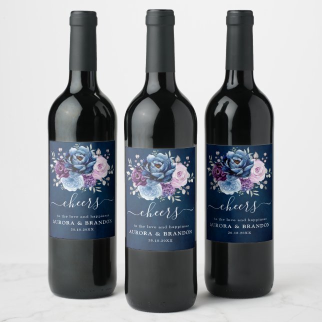 Étiquette Pour Bouteilles De Vin Dusty Blue Purple Navy Lilac Blooms Vin Mariage L (Bouteilles)