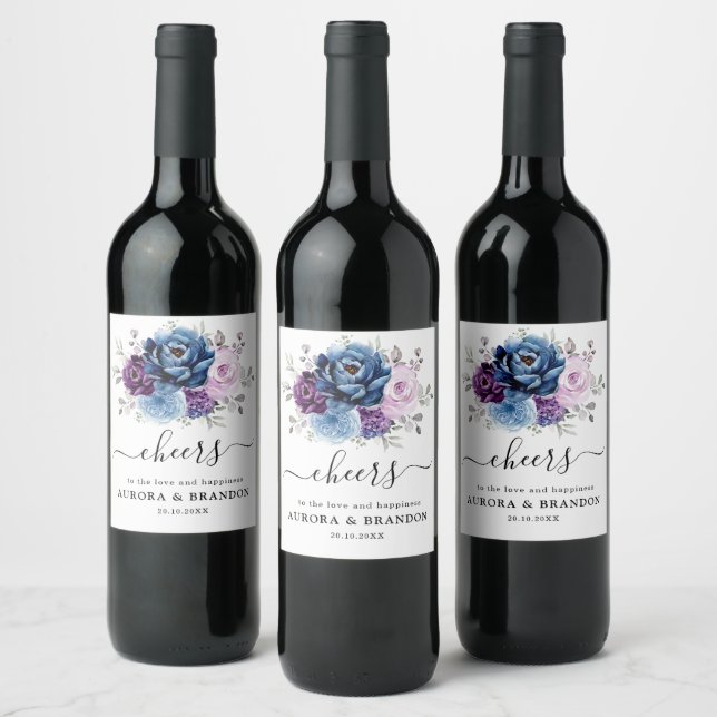 Étiquette Pour Bouteilles De Vin Dusty Blue Purple Navy Lilac Blooms Vin Mariage L (Bouteilles)
