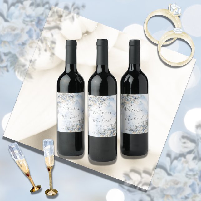 Étiquette Pour Bouteilles De Vin Dusty Blue Roses Floral Mariage personnalisé (Créateur téléchargé)