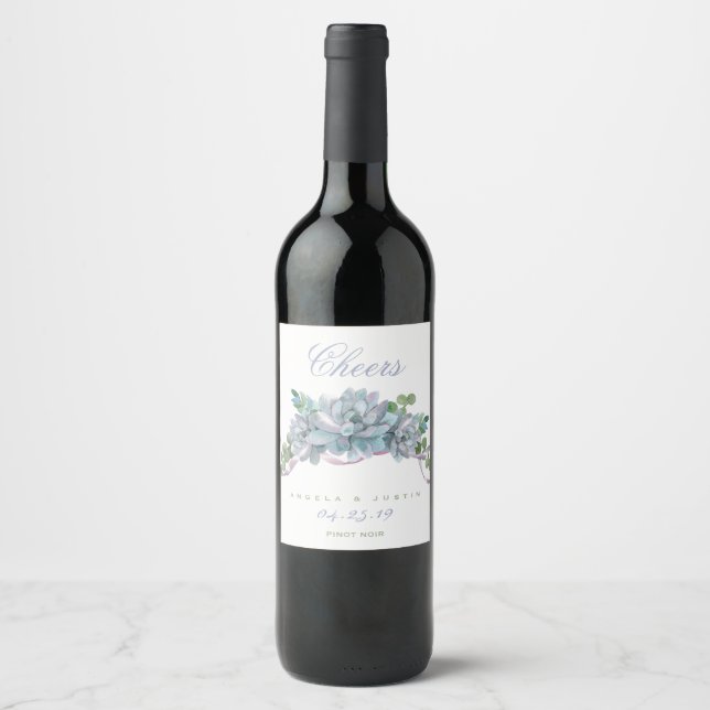 Étiquette Pour Bouteilles De Vin Echeveria d'aquarelle avec ruban pourpre (Devant)