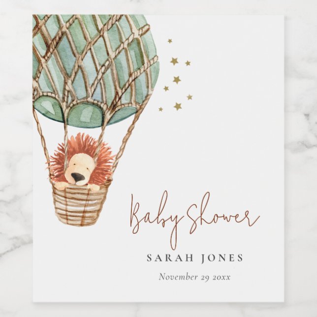 Étiquette Pour Bouteilles De Vin Eco Green Hot Air Balloon Lion Baby shower magique (Étiquettes simples)