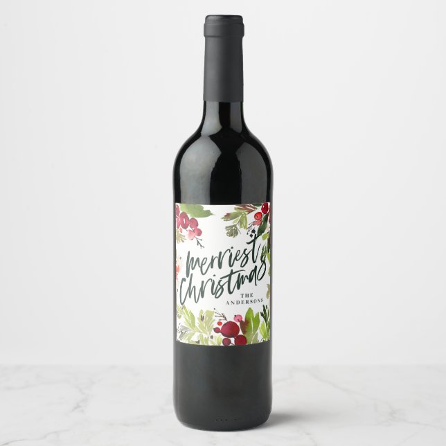 Étiquette Pour Bouteilles De Vin Écriture florale d'aquarelle de Noël la plus agréa (Devant)