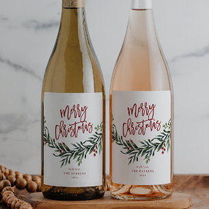 Étiquette Pour Bouteilles De Vin Écriture Joyeux Noël Verdure Fête de Fêtes