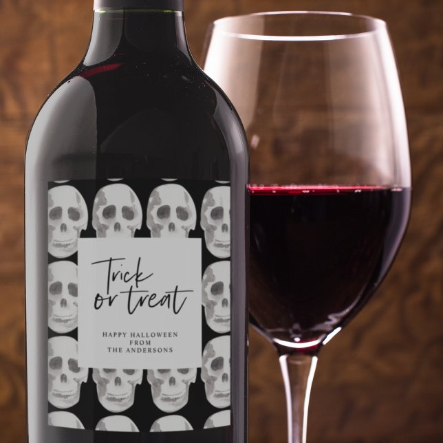 Étiquette Pour Bouteilles De Vin Effrayer Scull Trick ou traitement | Parti Hallowe (Créateur téléchargé)