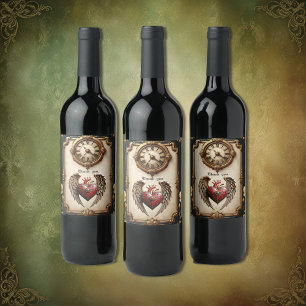 Étiquette Pour Bouteilles De Vin Elégance vintage : une horloge et un coeur élégant